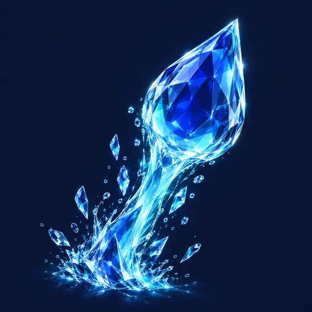 A crystal drop launching upward on a cyan liquid trail.