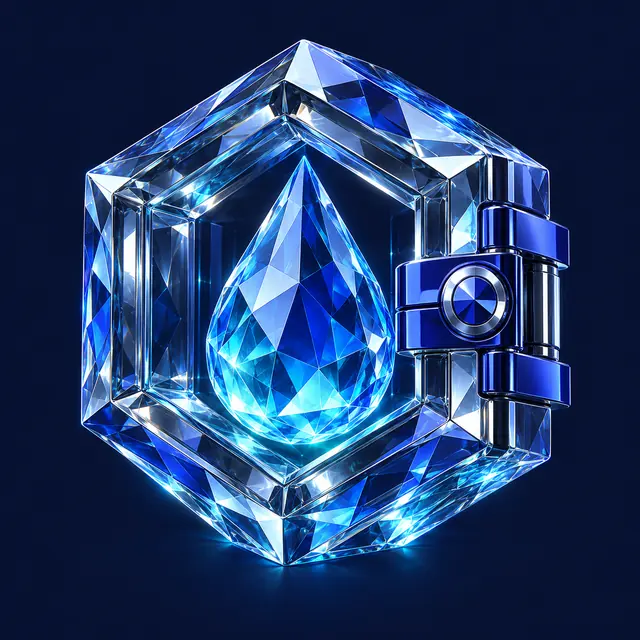 A crystal drop sealed inside a locked hexagonal glass vault.